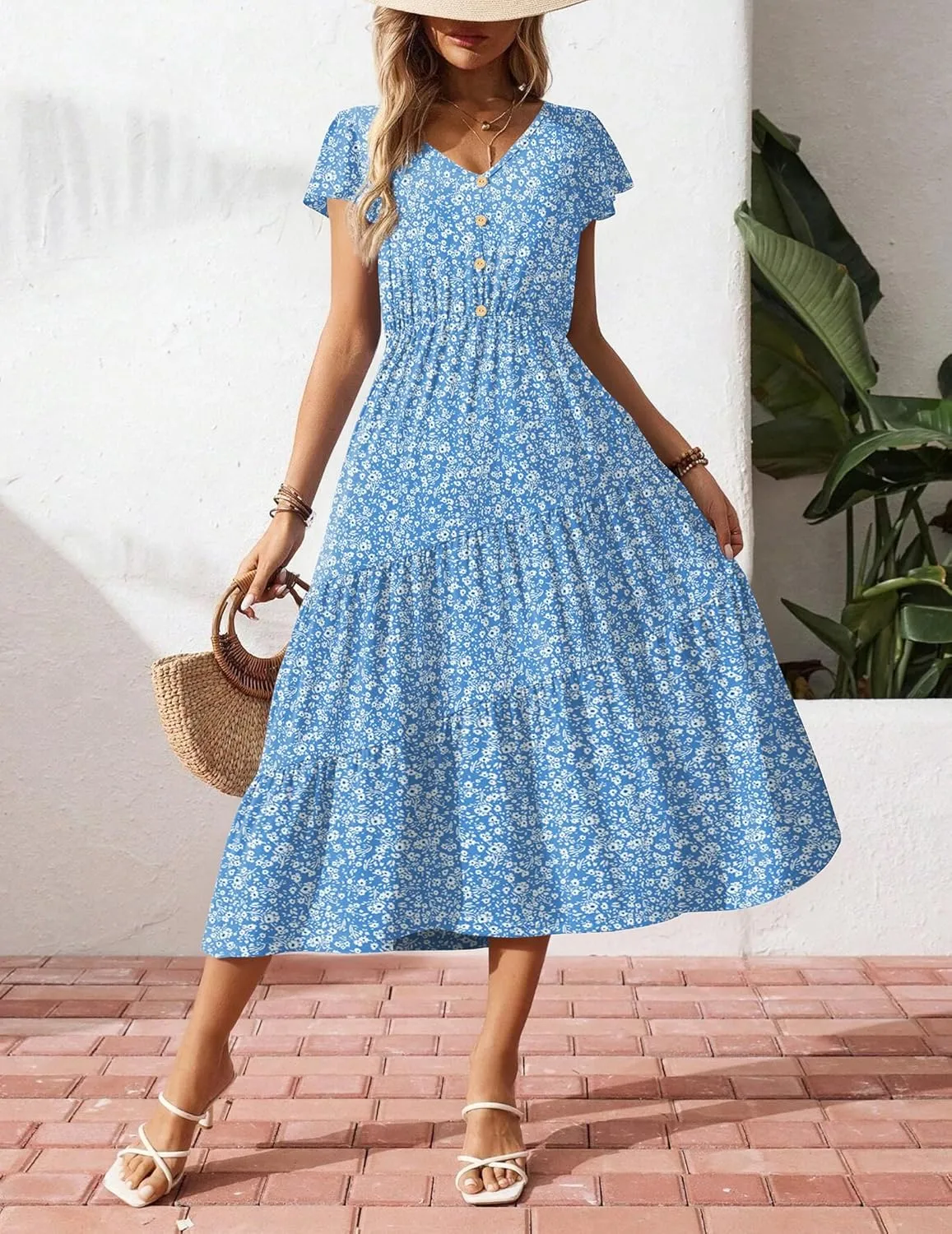 Zeagoo Women's Summer Casual Dress Flutter Short Sleeve V Neck Button Down Tiered Flowy Long Dress with Pockets