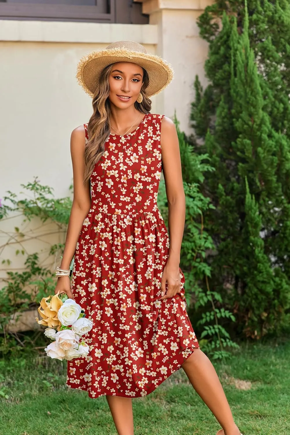 Zeagoo Women's Summer Tank Midi Dress with Pockets Floral Sleeveless A-Line Casual Loose T-Shirt Dresses Beach Sundress 2025