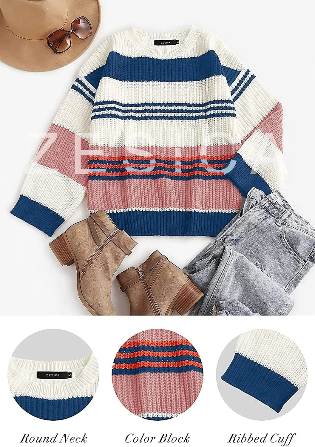 ZESICA Women's Fall Long Sleeve Crew Neck Striped Color Block Casual Loose Knitted Pullover Sweater Tops