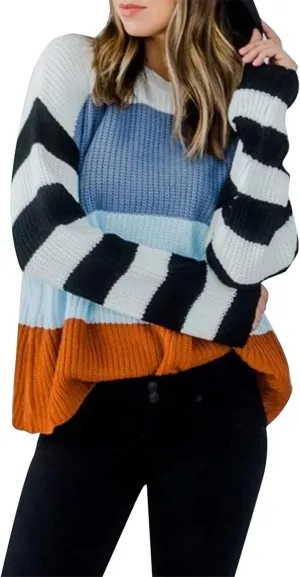 ZESICA Women's Fall Long Sleeve Crew Neck Striped Color Block Casual Loose Knitted Pullover Sweater Tops