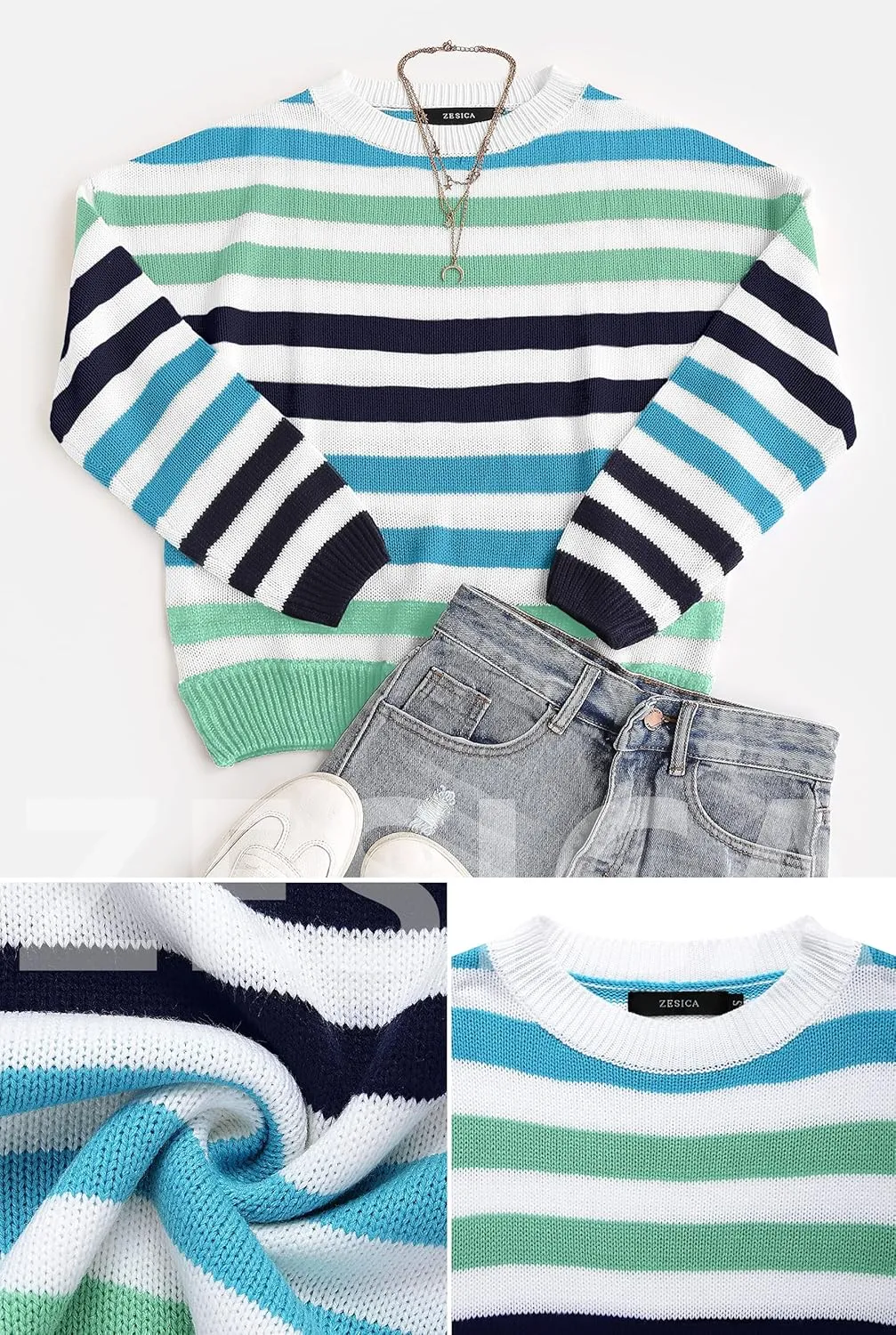 ZESICA Women's Fall Long Sleeve Crew Neck Striped Color Block Casual Loose Knitted Pullover Sweater Tops