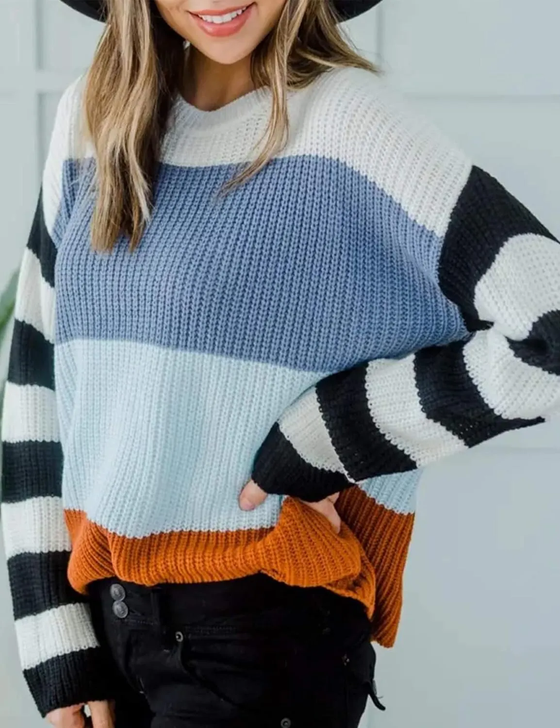 ZESICA Women's Fall Long Sleeve Crew Neck Striped Color Block Casual Loose Knitted Pullover Sweater Tops