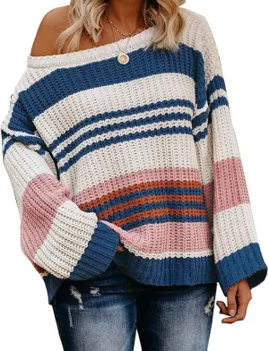 ZESICA Women's Fall Long Sleeve Crew Neck Striped Color Block Casual Loose Knitted Pullover Sweater Tops
