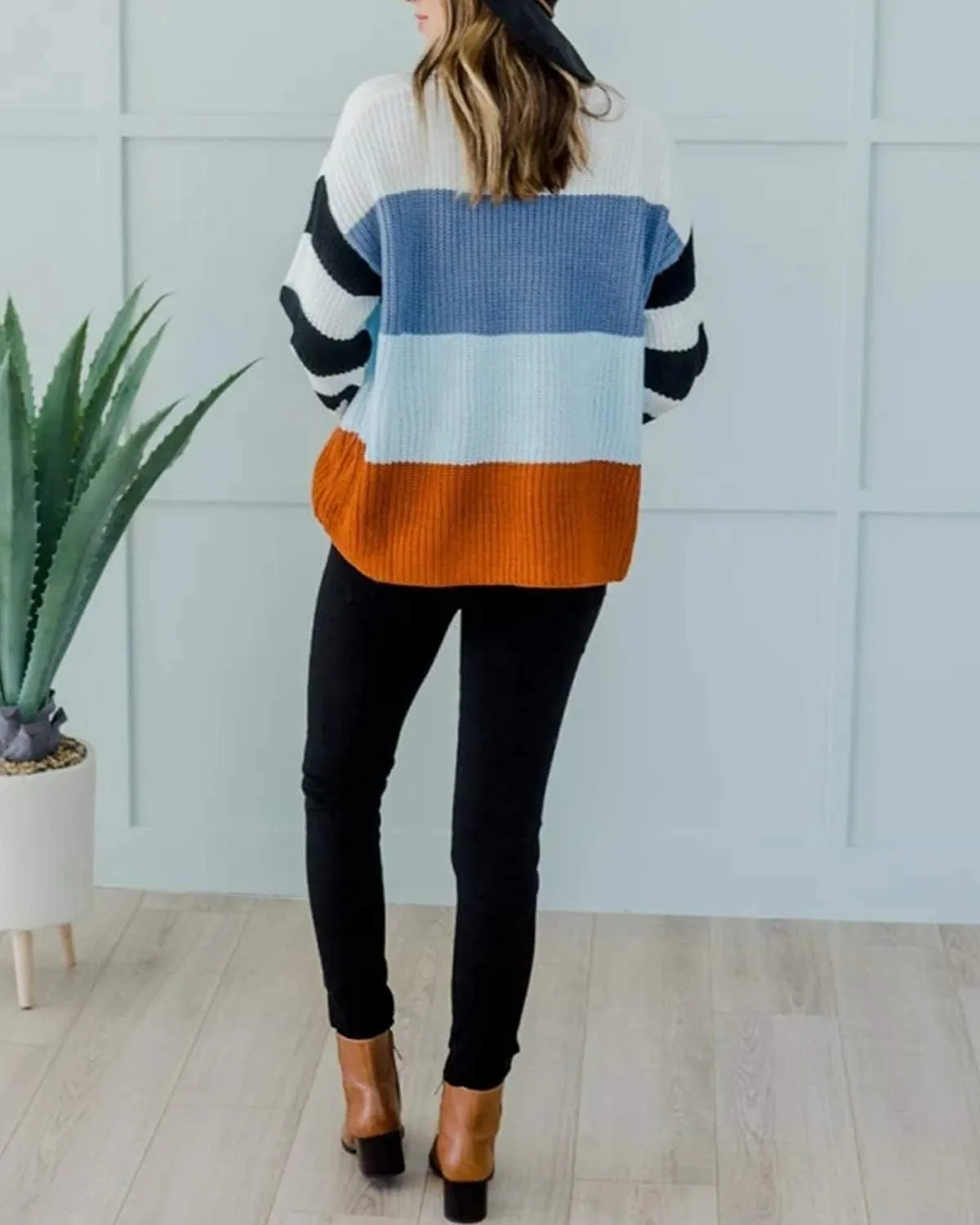 ZESICA Women's Fall Long Sleeve Crew Neck Striped Color Block Casual Loose Knitted Pullover Sweater Tops