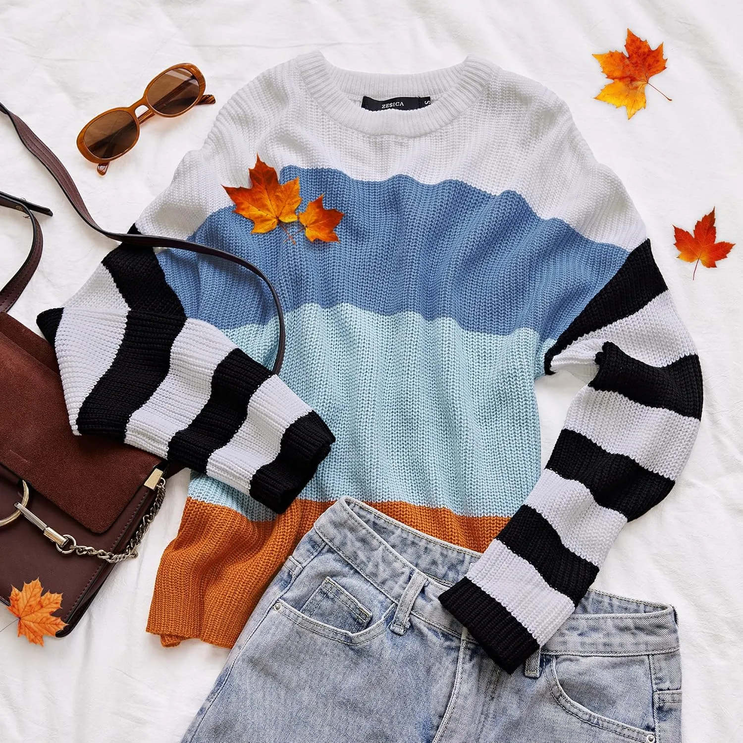 ZESICA Women's Fall Long Sleeve Crew Neck Striped Color Block Casual Loose Knitted Pullover Sweater Tops