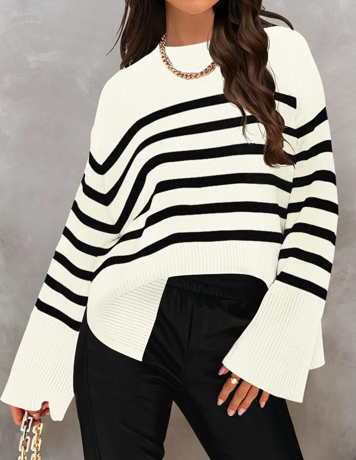 ZESICA Women's Fall Winter Striped Long Sleeve Crew Neck Ribbed Knit Side Slit Oversized Pullover Sweater Jumper Top