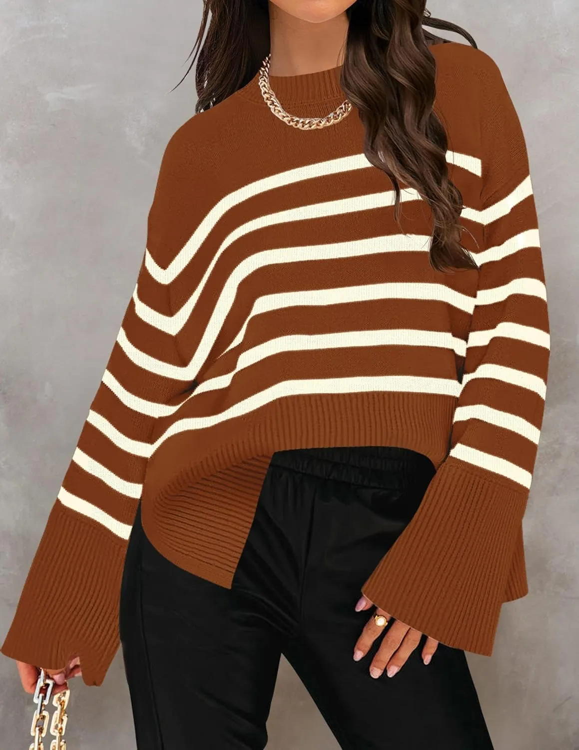 ZESICA Women's Fall Winter Striped Long Sleeve Crew Neck Ribbed Knit Side Slit Oversized Pullover Sweater Jumper Top