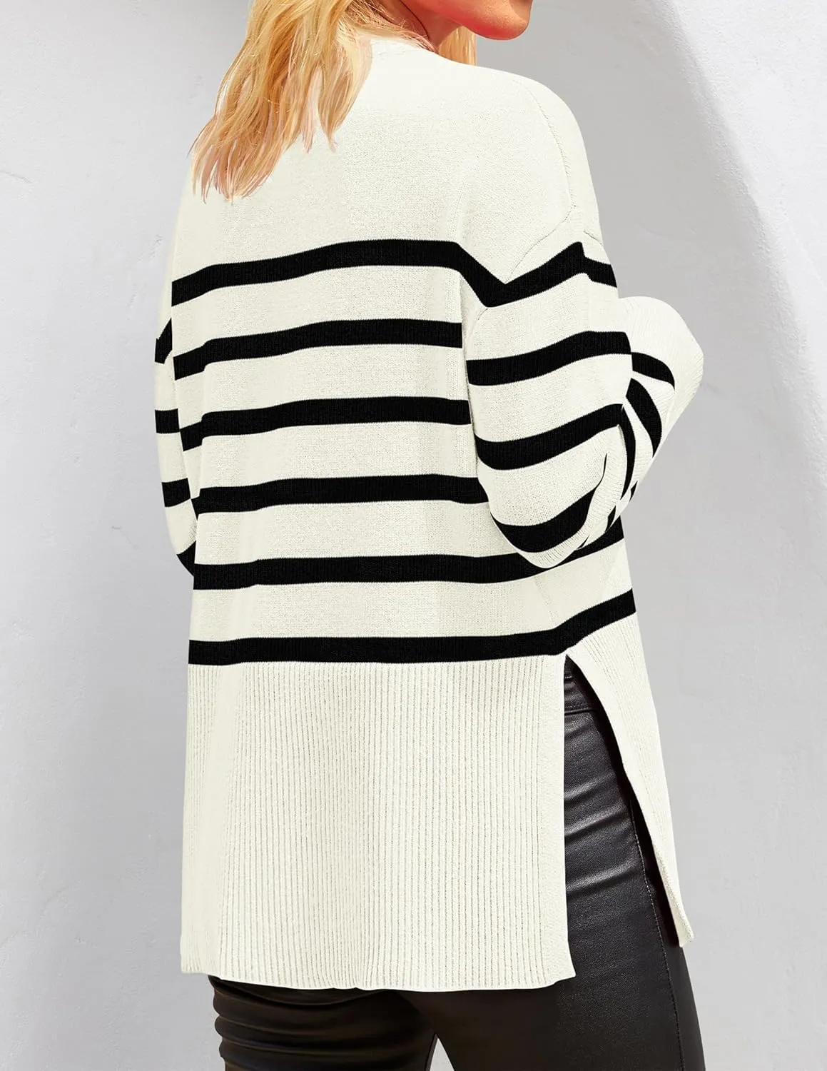 ZESICA Women's Fall Winter Striped Long Sleeve Crew Neck Ribbed Knit Side Slit Oversized Pullover Sweater Jumper Top