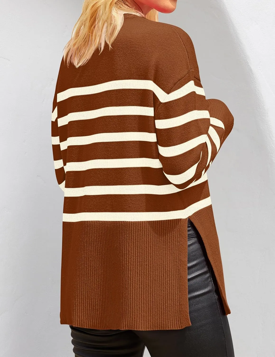 ZESICA Women's Fall Winter Striped Long Sleeve Crew Neck Ribbed Knit Side Slit Oversized Pullover Sweater Jumper Top