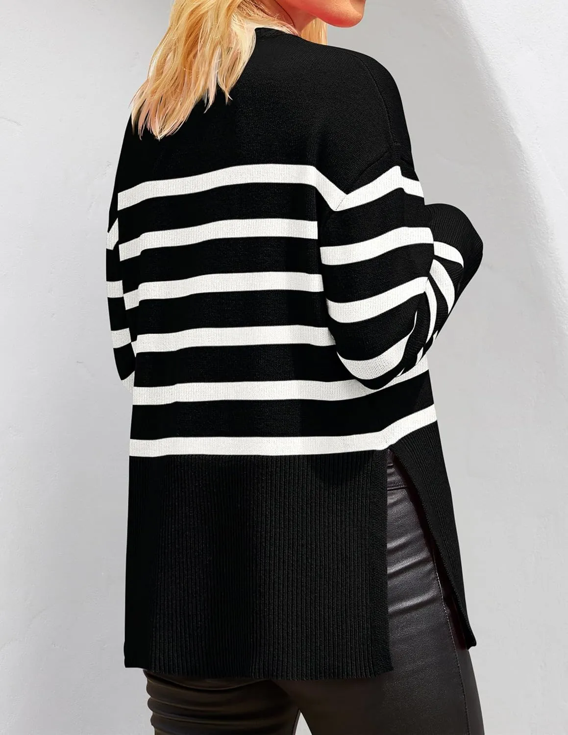 ZESICA Women's Fall Winter Striped Long Sleeve Crew Neck Ribbed Knit Side Slit Oversized Pullover Sweater Jumper Top