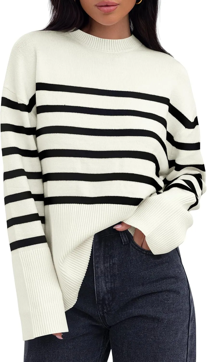 ZESICA Women's Fall Winter Striped Long Sleeve Crew Neck Ribbed Knit Side Slit Oversized Pullover Sweater Jumper Top
