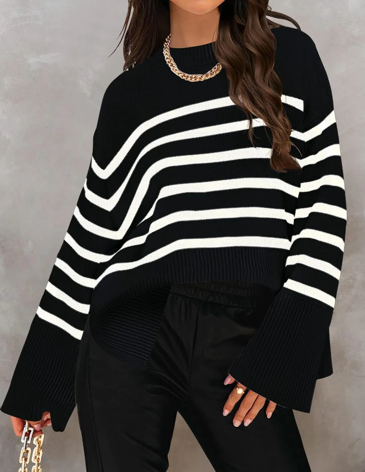 ZESICA Women's Fall Winter Striped Long Sleeve Crew Neck Ribbed Knit Side Slit Oversized Pullover Sweater Jumper Top