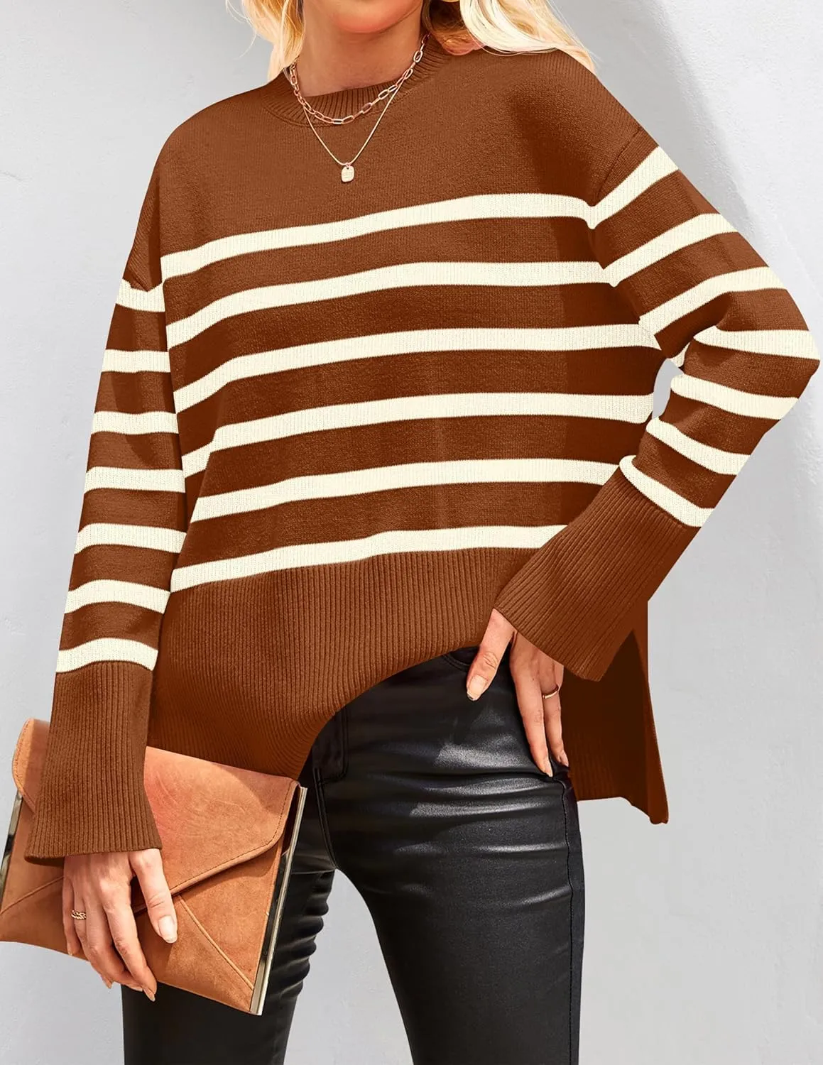 ZESICA Women's Fall Winter Striped Long Sleeve Crew Neck Ribbed Knit Side Slit Oversized Pullover Sweater Jumper Top
