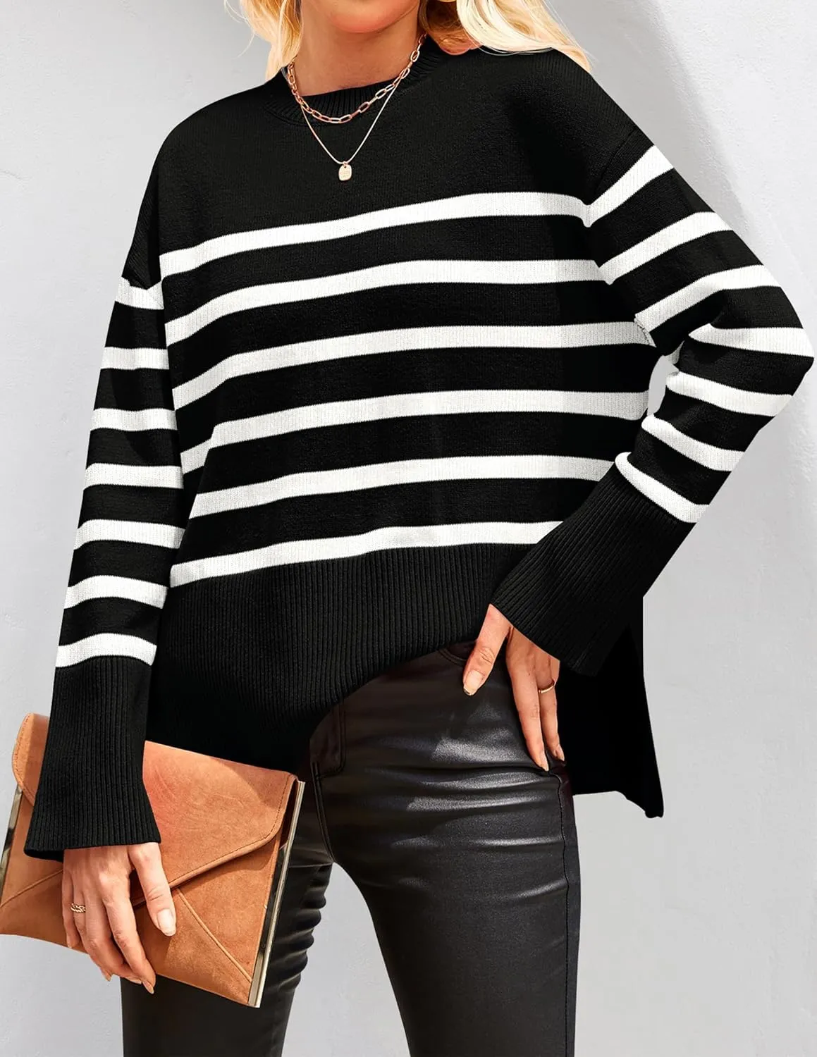 ZESICA Women's Fall Winter Striped Long Sleeve Crew Neck Ribbed Knit Side Slit Oversized Pullover Sweater Jumper Top