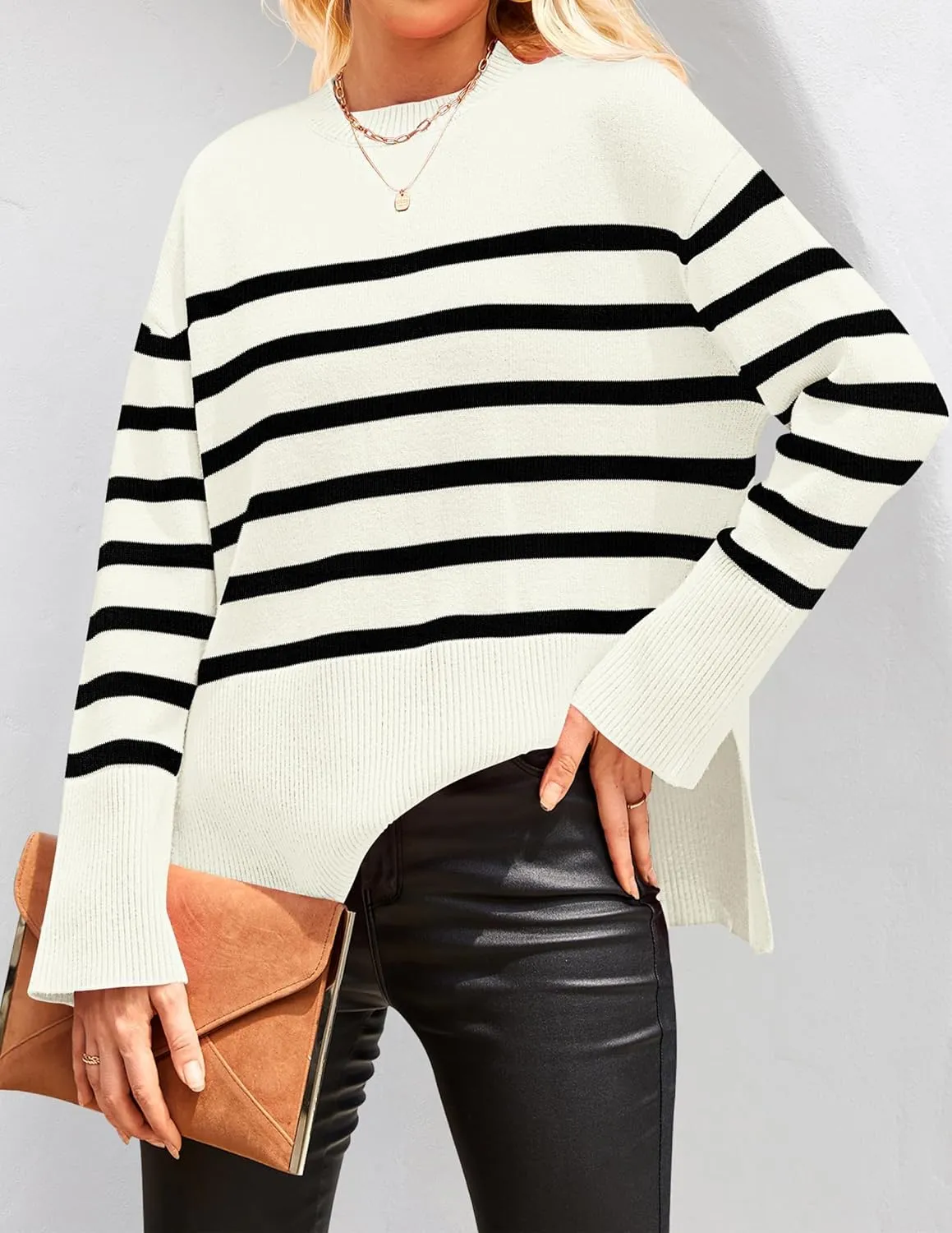 ZESICA Women's Fall Winter Striped Long Sleeve Crew Neck Ribbed Knit Side Slit Oversized Pullover Sweater Jumper Top
