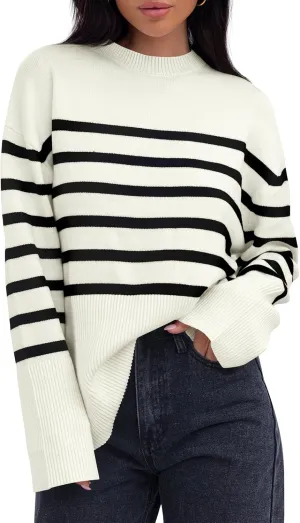 ZESICA Women's Fall Winter Striped Long Sleeve Crew Neck Ribbed Knit Side Slit Oversized Pullover Sweater Jumper Top