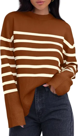 ZESICA Women's Fall Winter Striped Long Sleeve Crew Neck Ribbed Knit Side Slit Oversized Pullover Sweater Jumper Top
