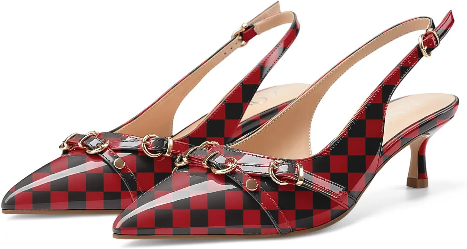 Z.Oufeier Women's Slingback Low Kitten Heels Closed Pointed Toe Buckle Straps Heeled Sandals Sexy Leather Dressy Shoes Pumps