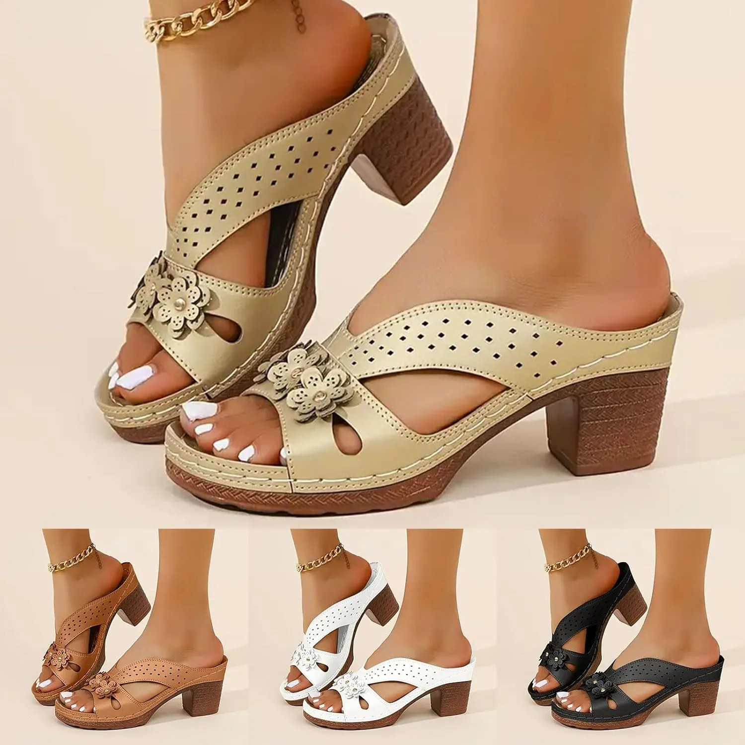 ZSpzx Block Heel Sandals for Women 2025 Comfort Dressy Women's Fish Mouth Flowers Comfortable Hollow Out Leather Slippers Dress Backless Mules Slide Walking Sandal for Daily Wear