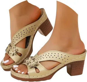 ZSpzx Block Heel Sandals for Women 2025 Comfort Dressy Women's Fish Mouth Flowers Comfortable Hollow Out Leather Slippers Dress Backless Mules Slide Walking Sandal for Daily Wear