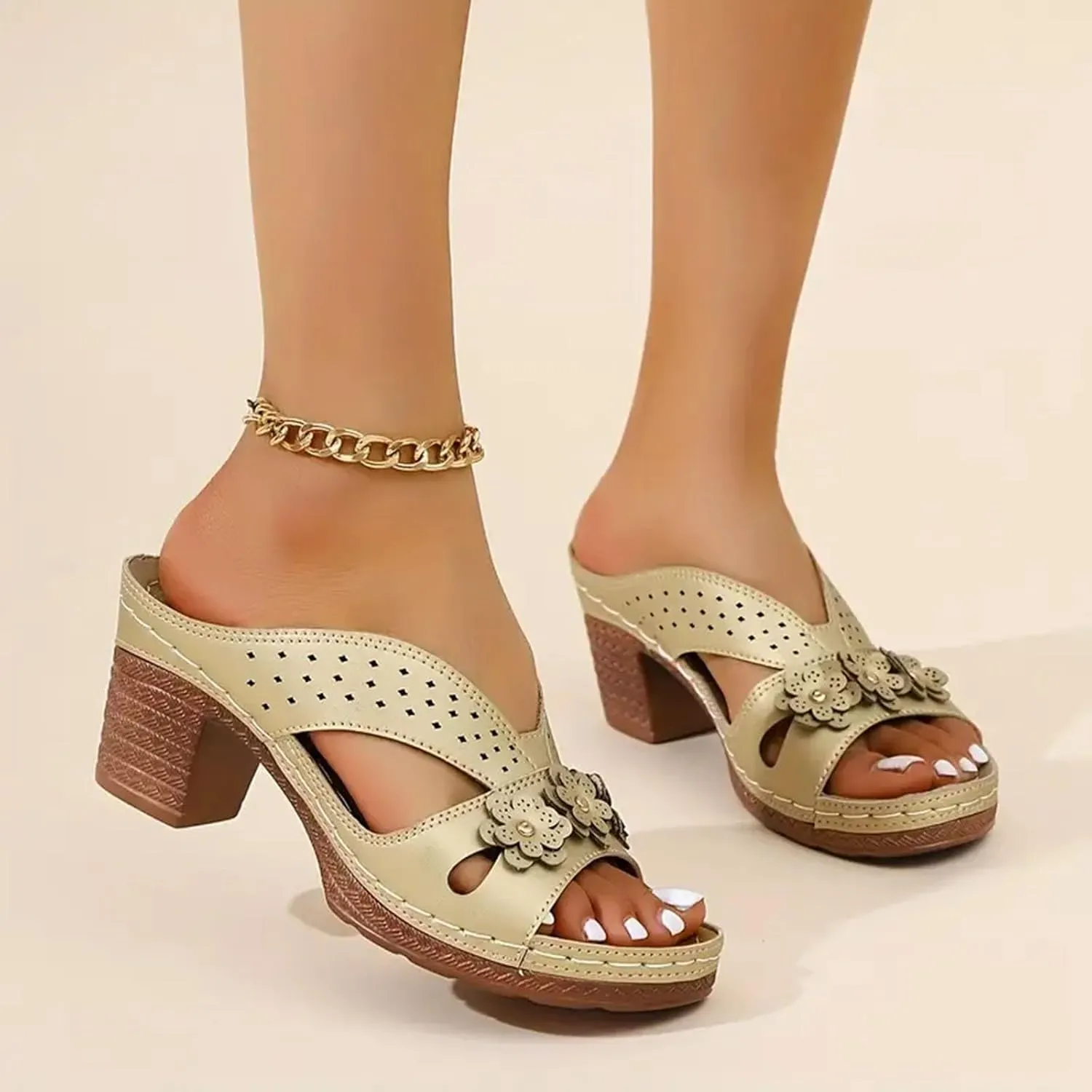 ZSpzx Block Heel Sandals for Women 2025 Comfort Dressy Women's Fish Mouth Flowers Comfortable Hollow Out Leather Slippers Dress Backless Mules Slide Walking Sandal for Daily Wear
