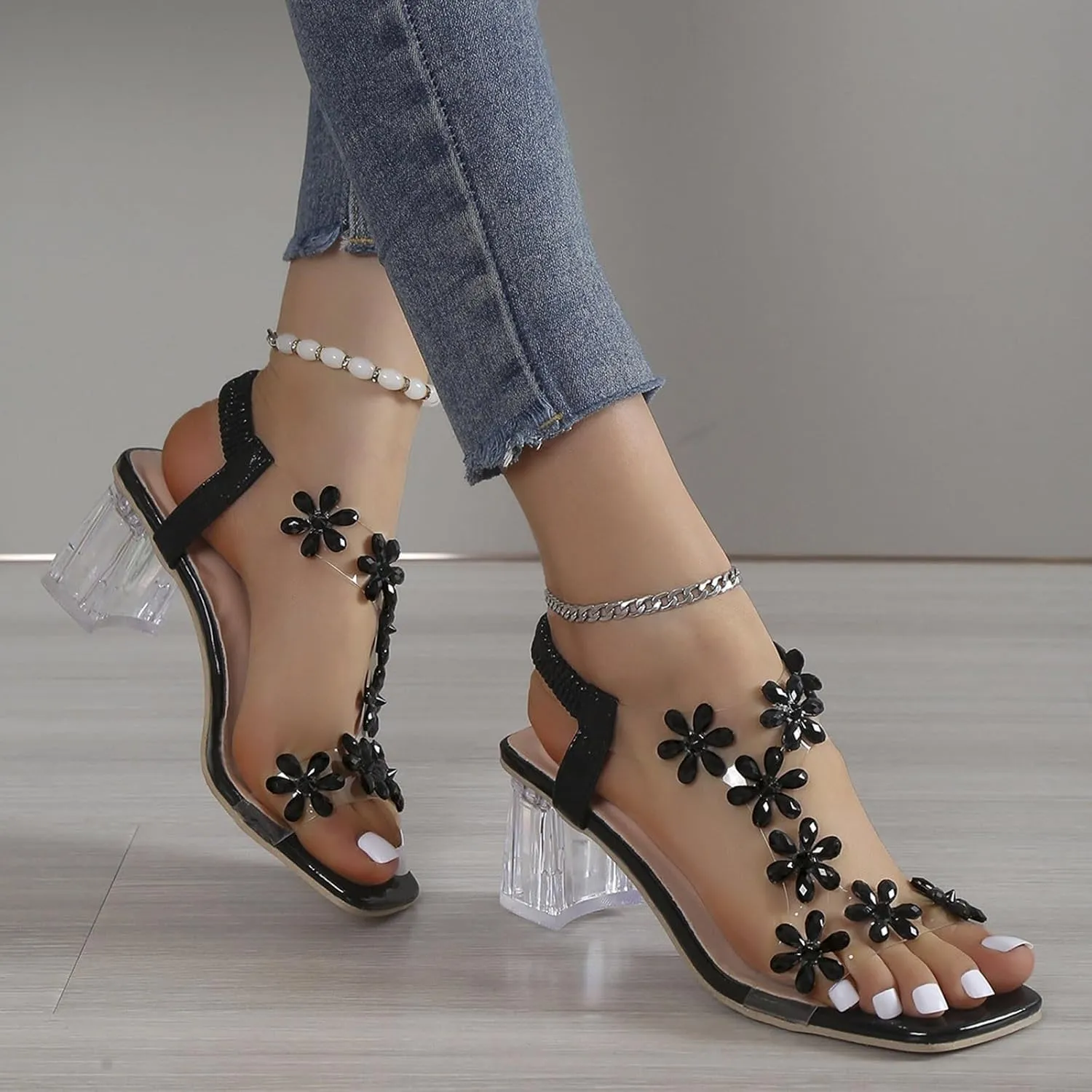 ZSpzx Clear Block Heels for Women Flower Rhinstone Square Toe Chunky Mid High Heel Sandals Elastic Ankle Strap Open Toe Sexy Dressy Shoes Comfortable Sexy Shoes for Wedding Bridal Evening Cocktail