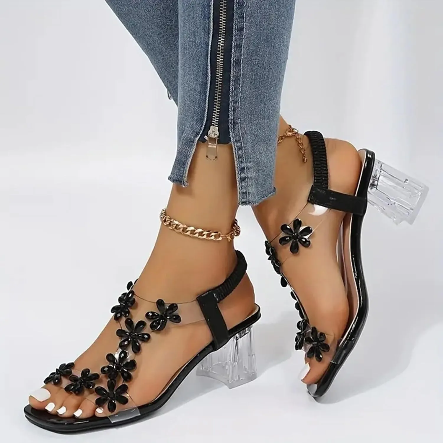 ZSpzx Clear Block Heels for Women Flower Rhinstone Square Toe Chunky Mid High Heel Sandals Elastic Ankle Strap Open Toe Sexy Dressy Shoes Comfortable Sexy Shoes for Wedding Bridal Evening Cocktail