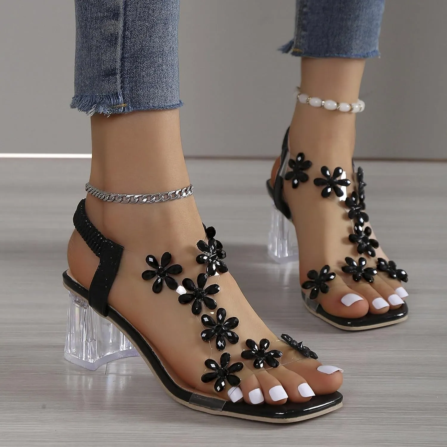 ZSpzx Clear Block Heels for Women Flower Rhinstone Square Toe Chunky Mid High Heel Sandals Elastic Ankle Strap Open Toe Sexy Dressy Shoes Comfortable Sexy Shoes for Wedding Bridal Evening Cocktail