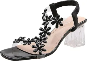 ZSpzx Clear Block Heels for Women Flower Rhinstone Square Toe Chunky Mid High Heel Sandals Elastic Ankle Strap Open Toe Sexy Dressy Shoes Comfortable Sexy Shoes for Wedding Bridal Evening Cocktail