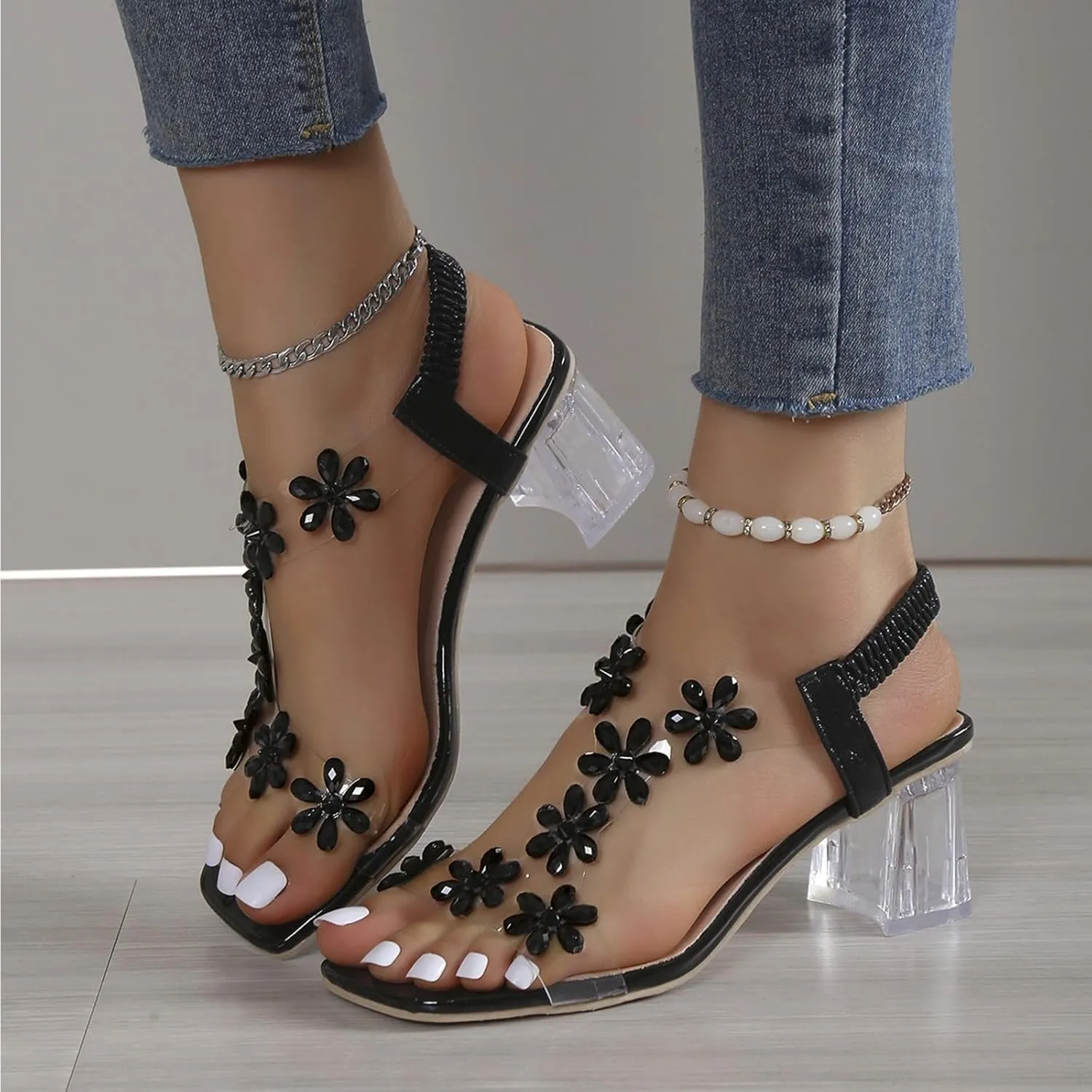 ZSpzx Clear Block Heels for Women Flower Rhinstone Square Toe Chunky Mid High Heel Sandals Elastic Ankle Strap Open Toe Sexy Dressy Shoes Comfortable Sexy Shoes for Wedding Bridal Evening Cocktail